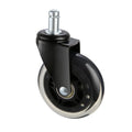 Single black office chair caster wheel with clear transparent rim and metal stem, three-quarter angle on white