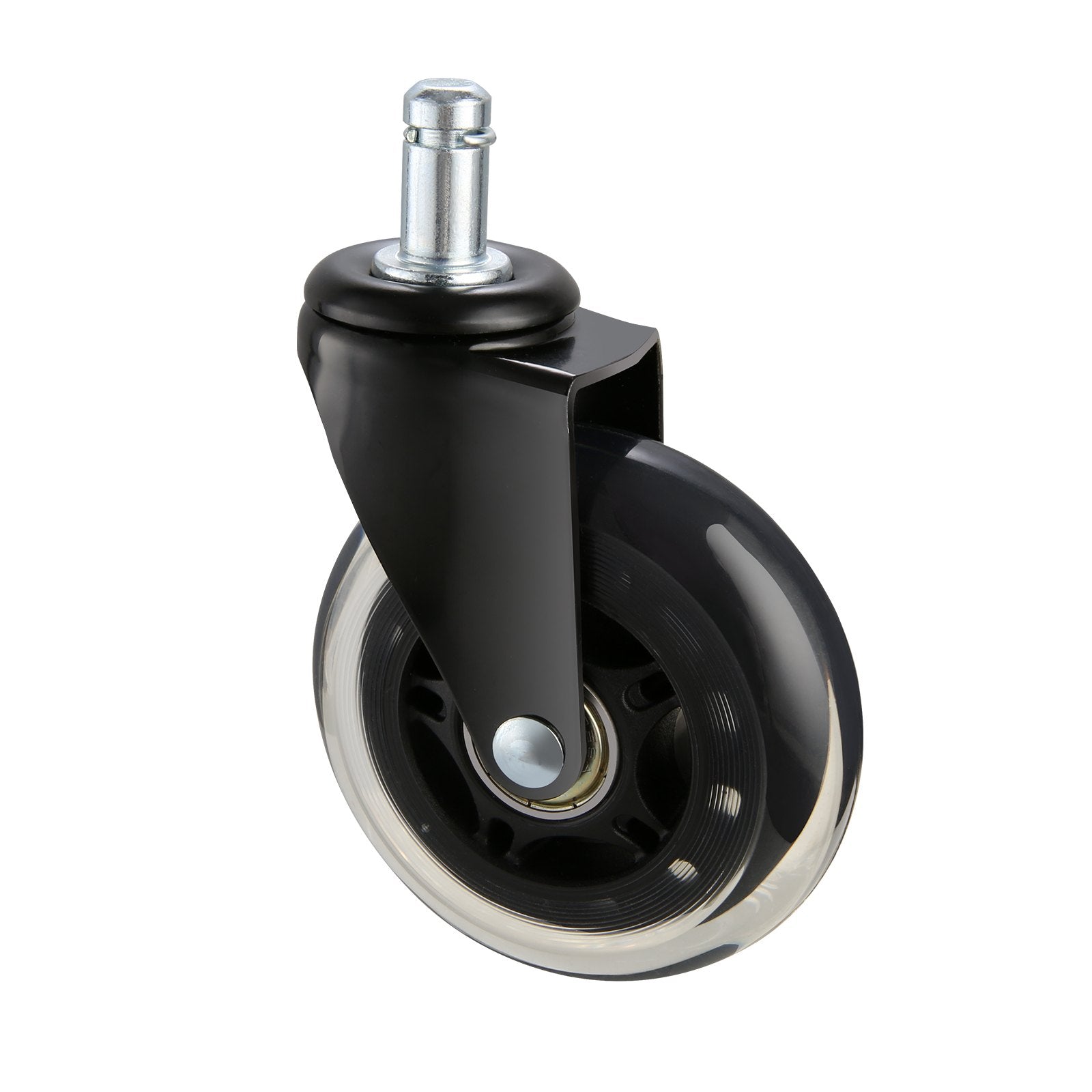 Single black office chair caster wheel with clear transparent rim and metal stem, three-quarter angle on white