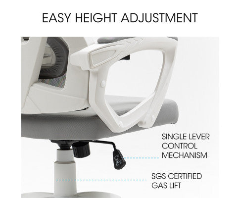 Office chair close-up showing single lever control mechanism and SGS certified gas lift with easy height adjustment text