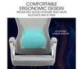 Office chair feature infographic showing adjustable lumbar support with spine diagram and ergonomic design text