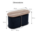 Dimensions diagram of an oval wood-top table with two navy ottomans: 90cm length, 45cm depth, 50cm height and 42cm ottoman