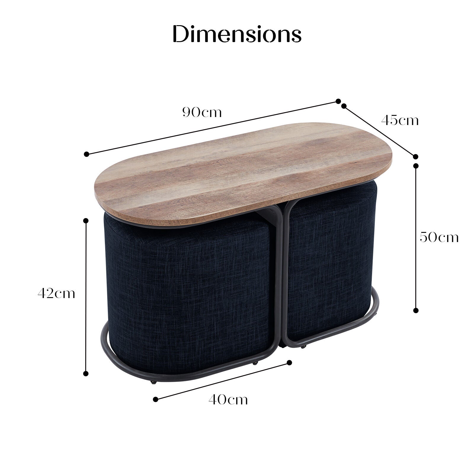 Dimensions diagram of an oval wood-top table with two navy ottomans: 90cm length, 45cm depth, 50cm height and 42cm ottoman