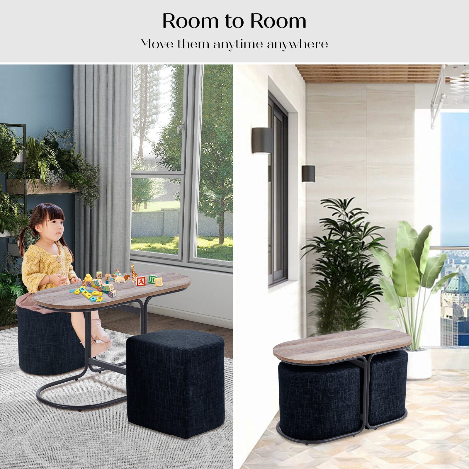 Split image showing a child seated at the ottoman table indoors and the full set displayed on a balcony with city views