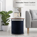 Black linen ottoman and table set styled next to a grey sofa with a floor lamp and bookshelf in a living room, 45cm width