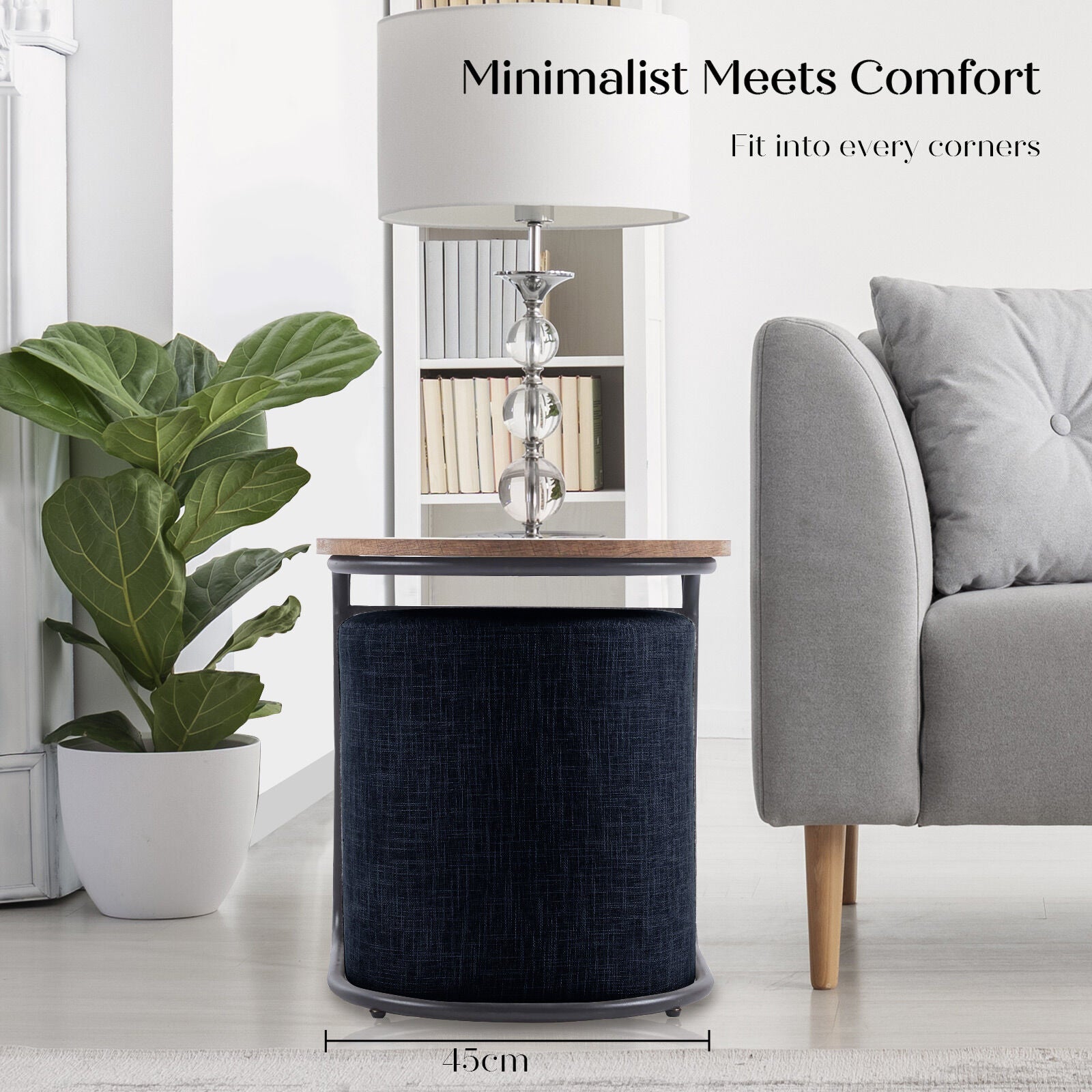 Black linen ottoman and table set styled next to a grey sofa with a floor lamp and bookshelf in a living room, 45cm width