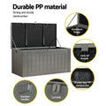 Grey deck box open with lid raised, callouts: aluminium hinges, inner lid stopper, double layer PP, moulded handles, lockable
