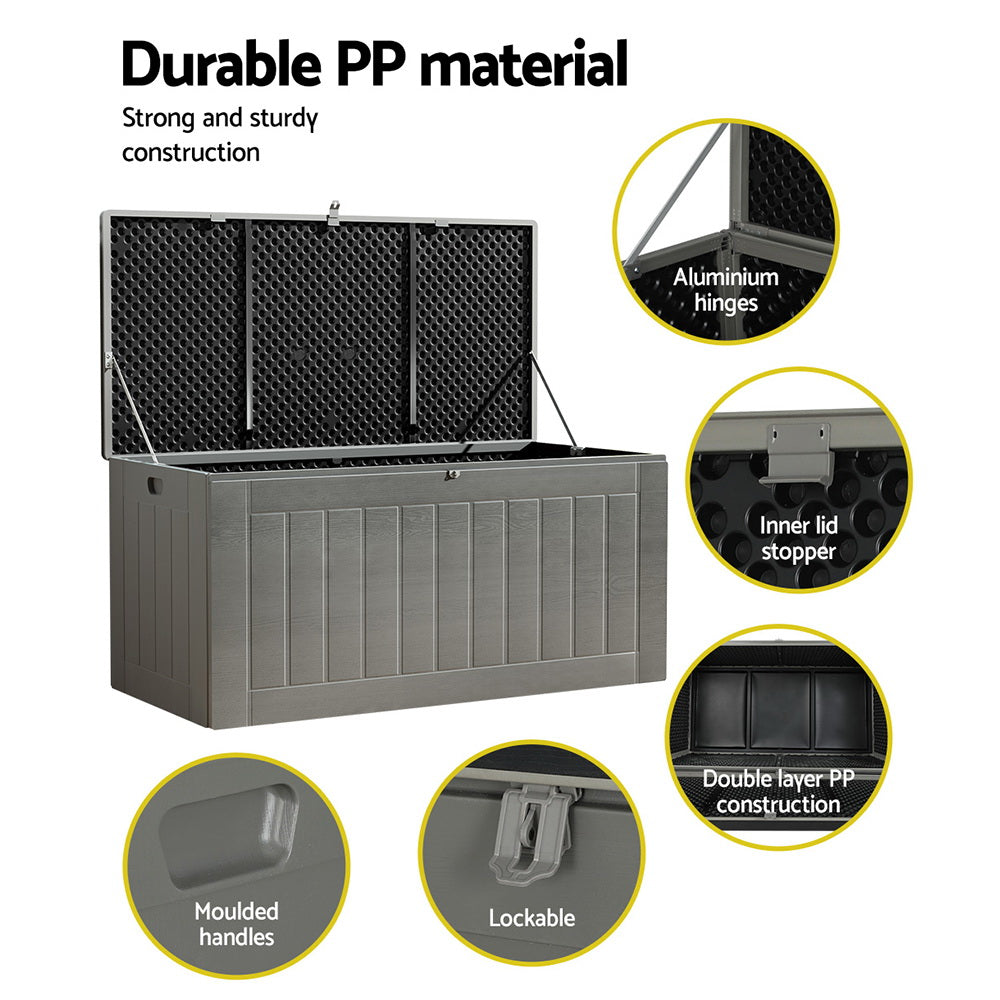 Grey deck box open with lid raised, callouts: aluminium hinges, inner lid stopper, double layer PP, moulded handles, lockable