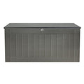 Grey outdoor storage deck box with lid closed, front view on white background, wood-grain textured panels and centre latch