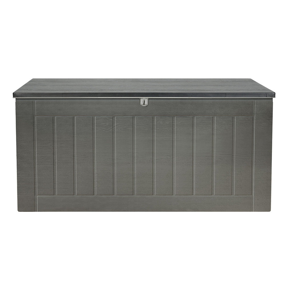 Grey outdoor storage deck box with lid closed, front view on white background, wood-grain textured panels and centre latch