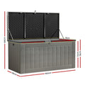 Grey outdoor storage box dimensions: 160cm long, 78cm deep, 76cm high exterior; 153cm x 71cm x 72cm interior opening