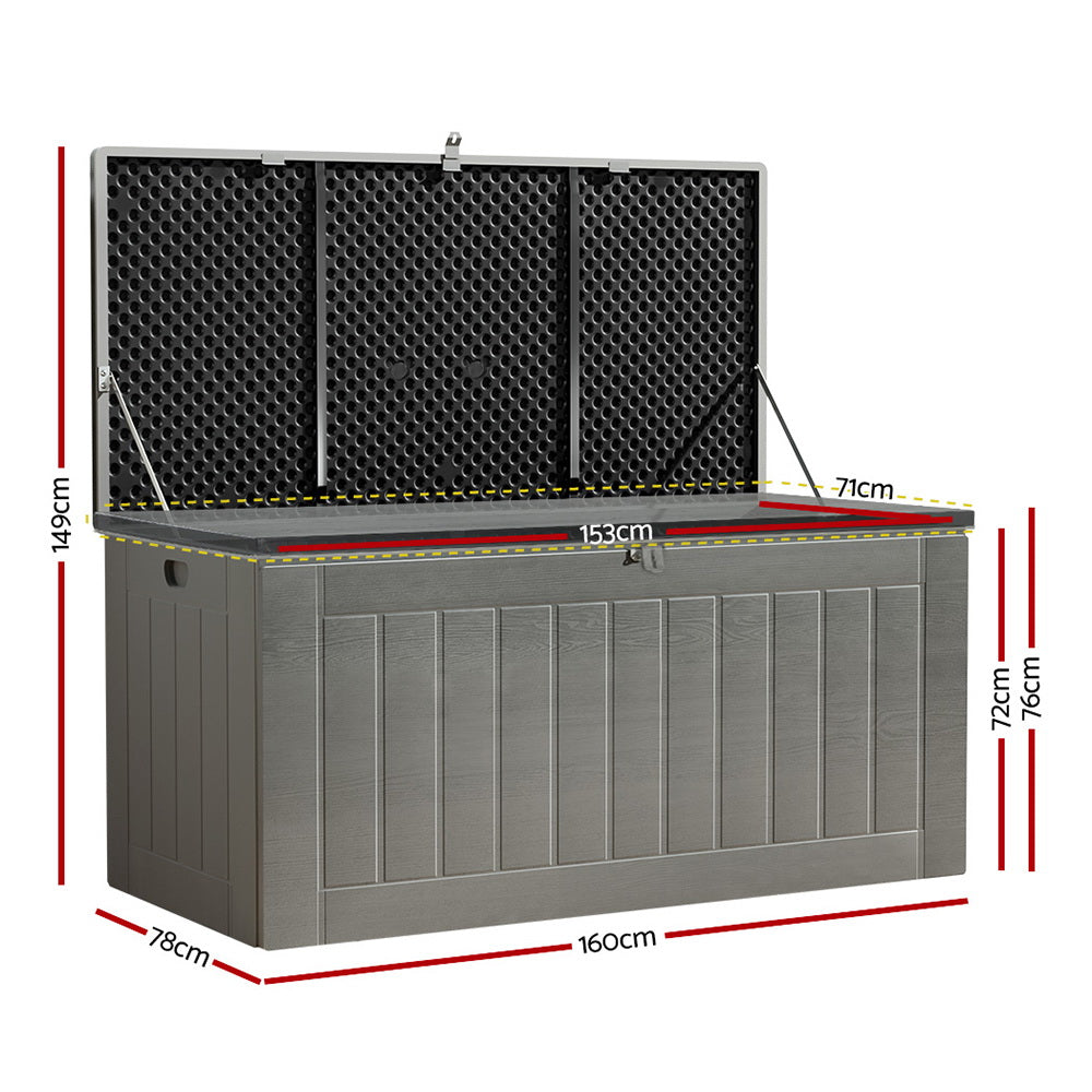 Grey outdoor storage box dimensions: 160cm long, 78cm deep, 76cm high exterior; 153cm x 71cm x 72cm interior opening