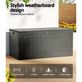 Grey deck box feature panel: weatherboard design, weather-resistant; icons for lockable, handle, indoor/outdoor use