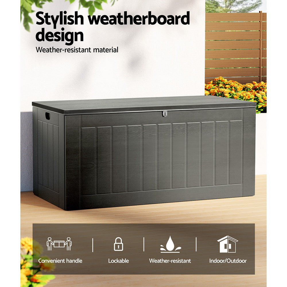Grey deck box feature panel: weatherboard design, weather-resistant; icons for lockable, handle, indoor/outdoor use