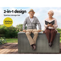 Two elderly people seated on grey outdoor storage deck box; text: 2-in-1 design, spacious, 200KG capacity