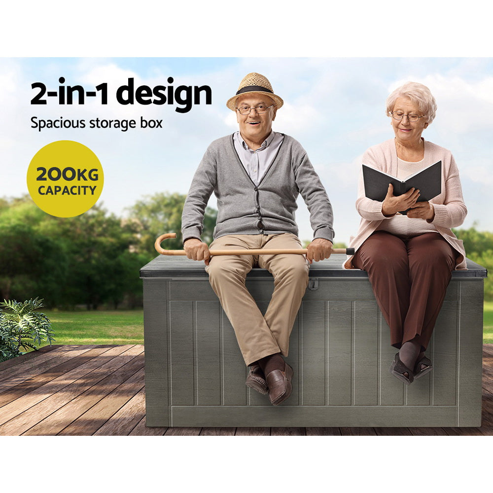 Two elderly people seated on grey outdoor storage deck box; text: 2-in-1 design, spacious, 200KG capacity