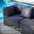 Wicker sofa corner with charcoal cushions by pool and text: powder coated galvanised steel frame ensures no rust stains