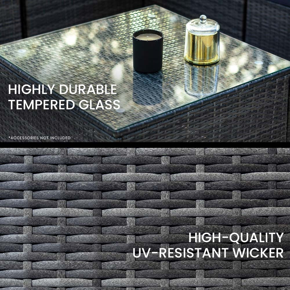 Feature panel showing tempered glass coffee table top and UV-resistant dark grey wicker weave texture with callout text