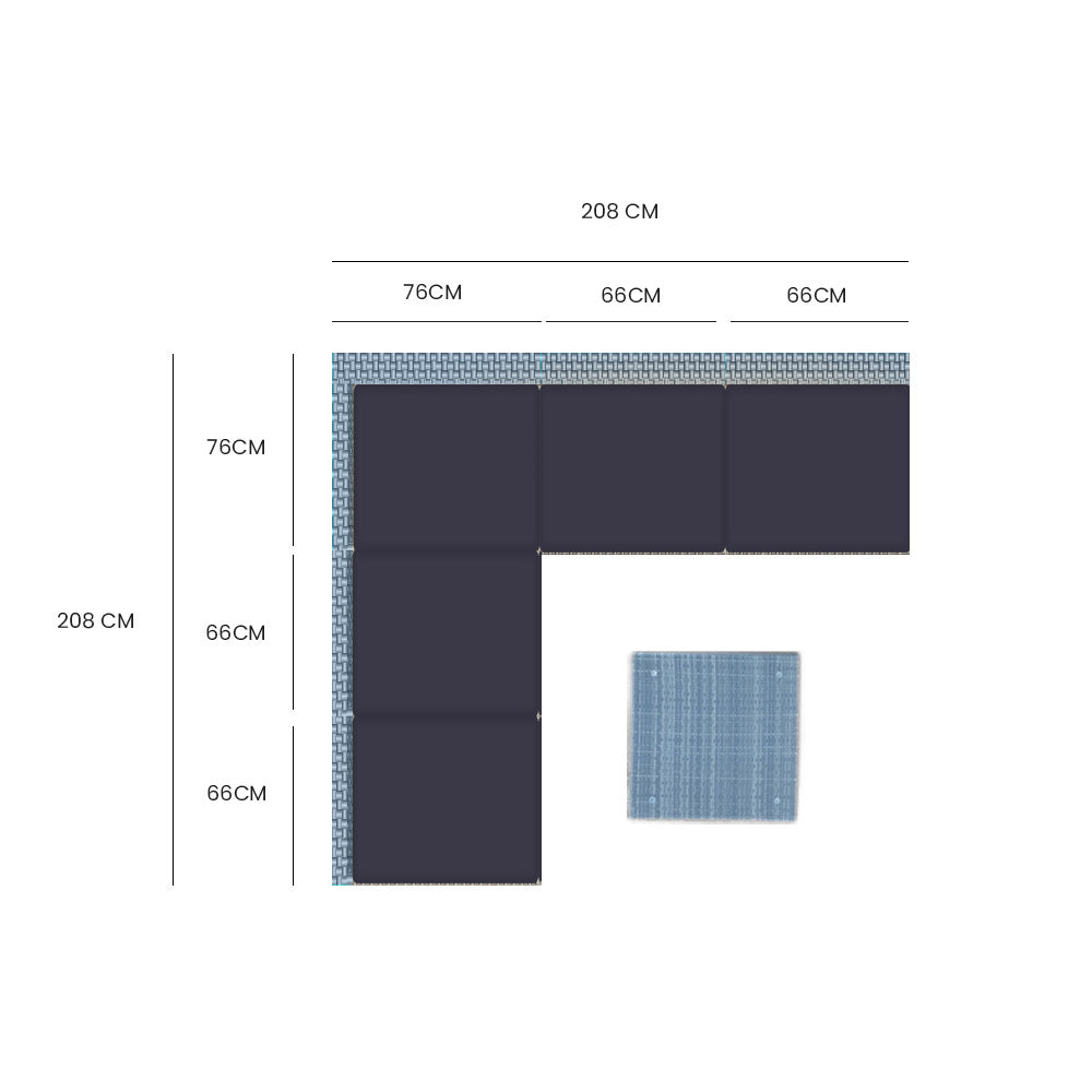 Top-view dimension diagram of L-shaped wicker sofa set showing 208cm x 208cm total with individual section measurements