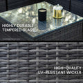 Feature panel showing tempered glass table top and dark grey wicker weave texture with material callout text