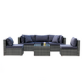 5-piece grey wicker outdoor sofa set with navy cushions in straight configuration with glass coffee table on white background