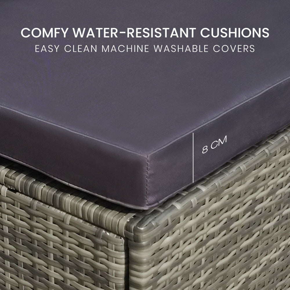 Close-up of wicker sofa corner with 8cm thick dark grey seat cushion and text: comfy water-resistant cushions machine washable