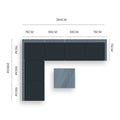 Top-view dimension diagram of L-shaped wicker sofa set showing 284cm width 208cm depth with individual section measurements