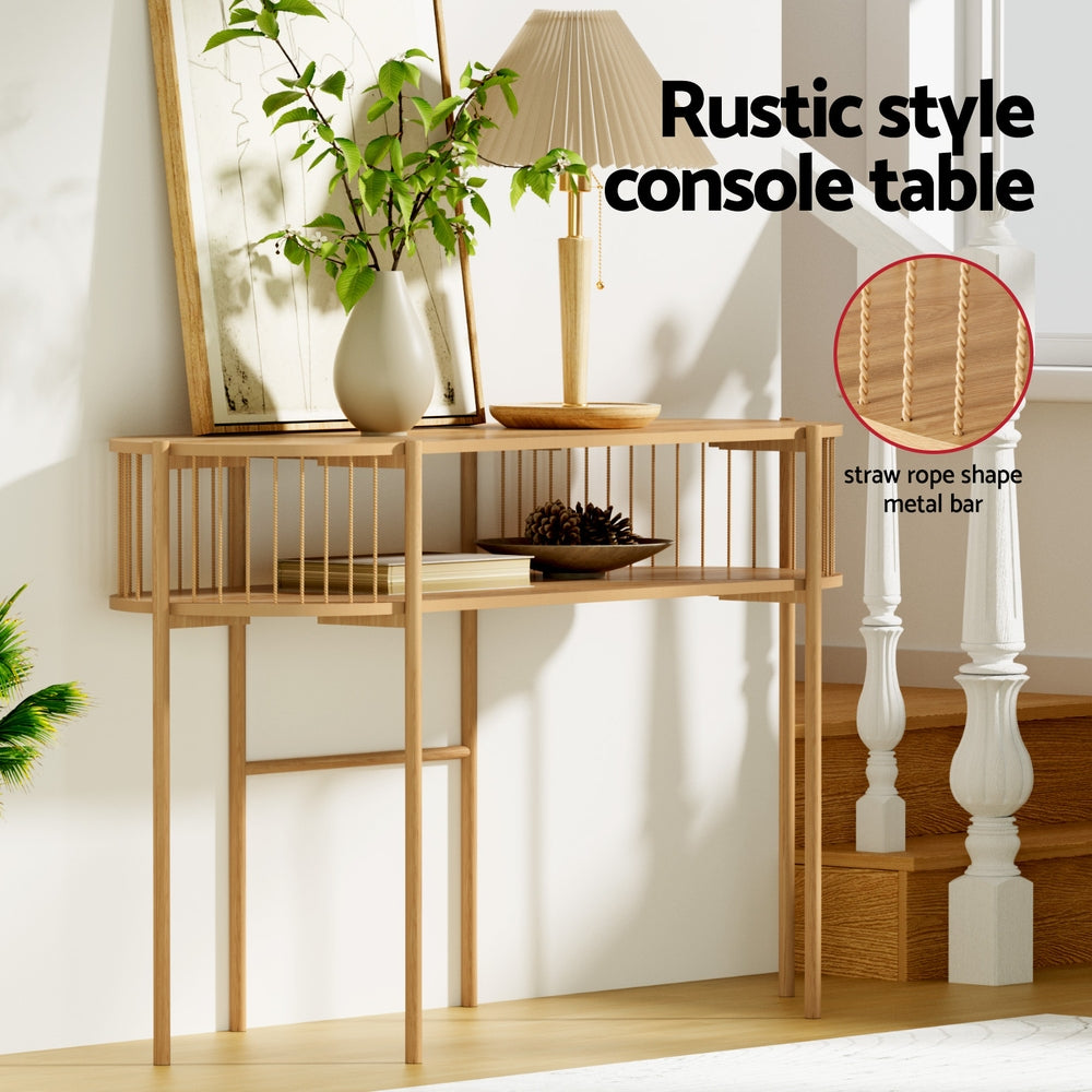 Oak oval console table in hallway setting with vase and lamp on top, bowls on shelf, text: Rustic style console table