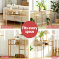 Oak oval console table shown in four placements: behind couch, beside window, entryway, hallway, text reads Fits every space