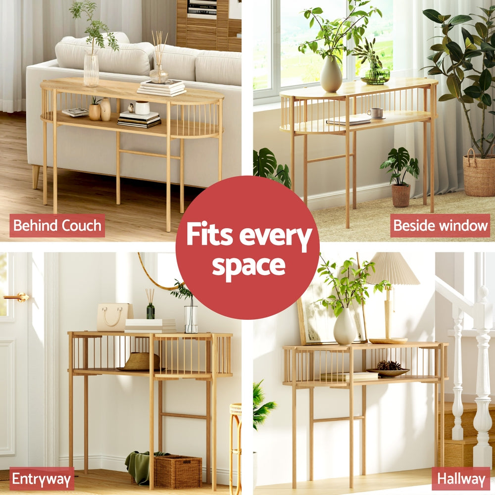 Oak oval console table shown in four placements: behind couch, beside window, entryway, hallway, text reads Fits every space