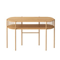 Oval console table with oak-effect top and spindle rail mid-section, lower shelf and four round legs, front view on white