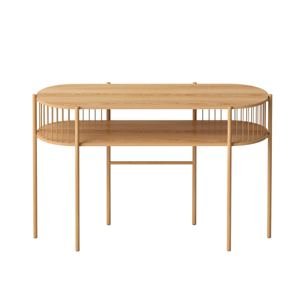 Oval console table with oak-effect top and spindle rail mid-section, lower shelf and four round legs, front view on white