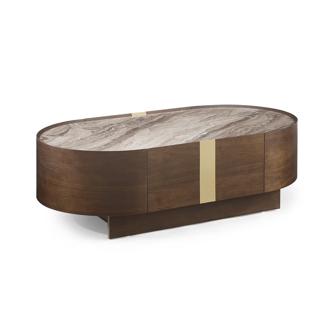 Oval coffee table with grey marble top, walnut wood base and brass vertical strip accent, styled in a living room with a