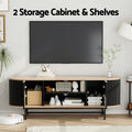 Oval oak-top black TV unit storage lifestyle both doors open wicker basket radio books and robot vacuum below