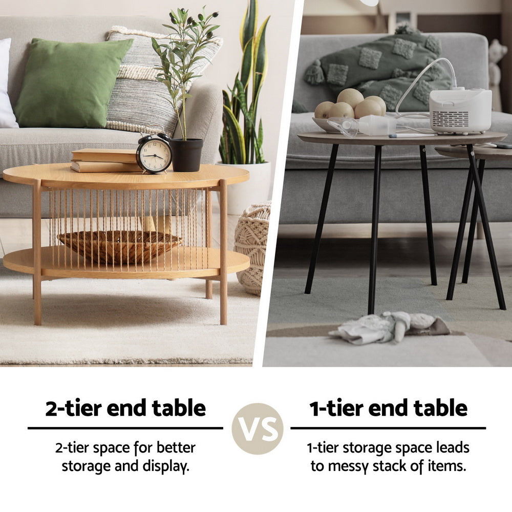 Side-by-side comparison: two-tier oval oak coffee table labelled 2-tier versus a single-tier table labelled 1-tier end table
