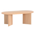 Oval natural wood coffee table three-quarter angle view on white background with T-shaped panel legs