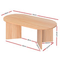 Oval wood coffee table dimensions diagram showing 110cm length, 55cm depth, 40.5cm height and 80cm base span