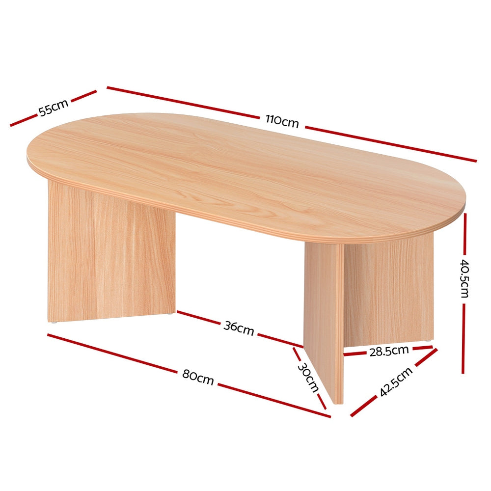 Oval wood coffee table dimensions diagram showing 110cm length, 55cm depth, 40.5cm height and 80cm base span