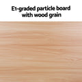 Feature infographic showing E1-graded particle board with wood grain texture close-up for oval coffee table