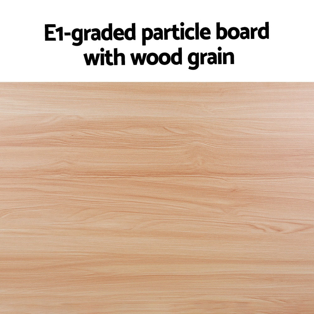 Feature infographic showing E1-graded particle board with wood grain texture close-up for oval coffee table