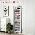 Over-door shoe organizer loaded with 20 pairs of shoes on door beside white cube storage large capacity text