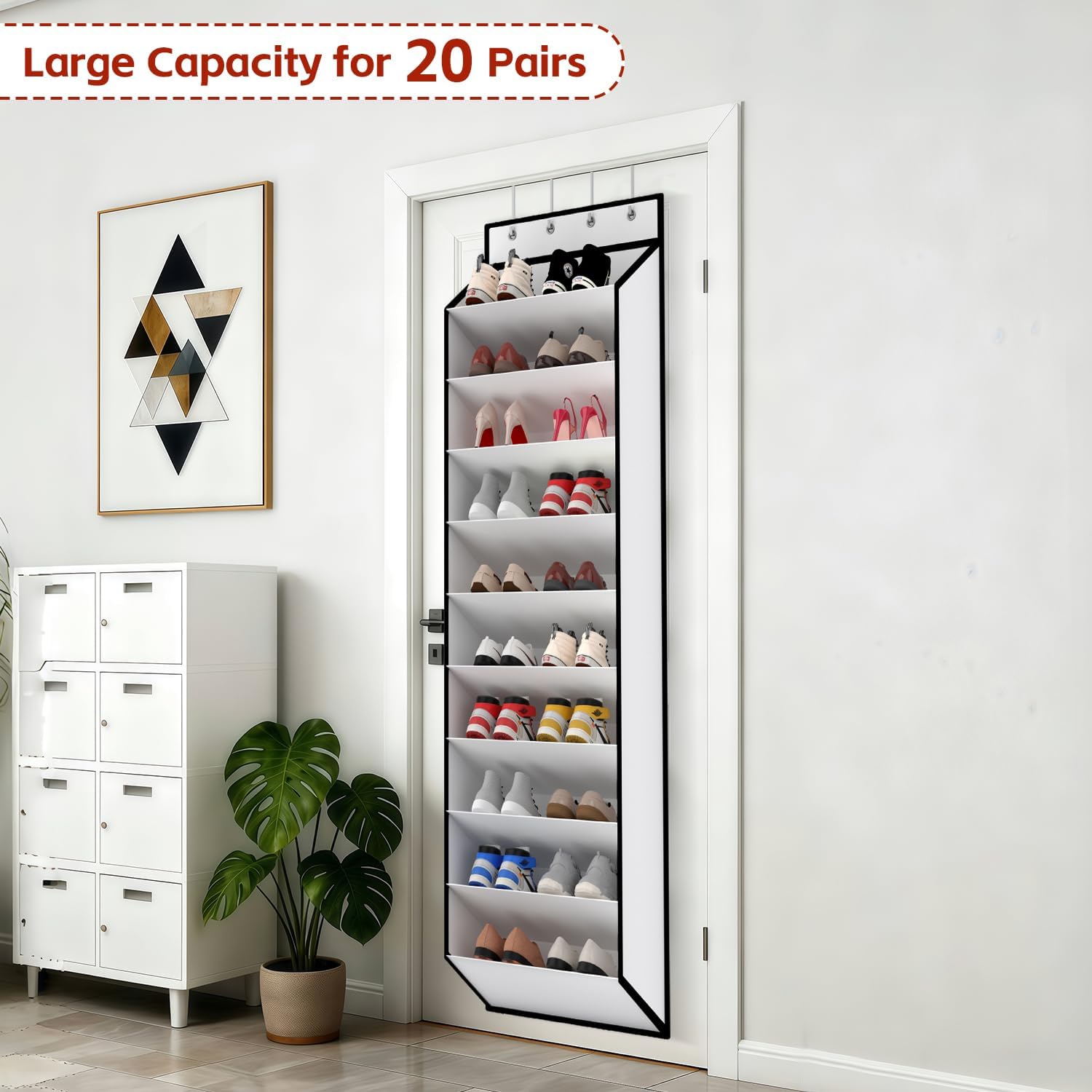 Over-door shoe organizer loaded with 20 pairs of shoes on door beside white cube storage large capacity text