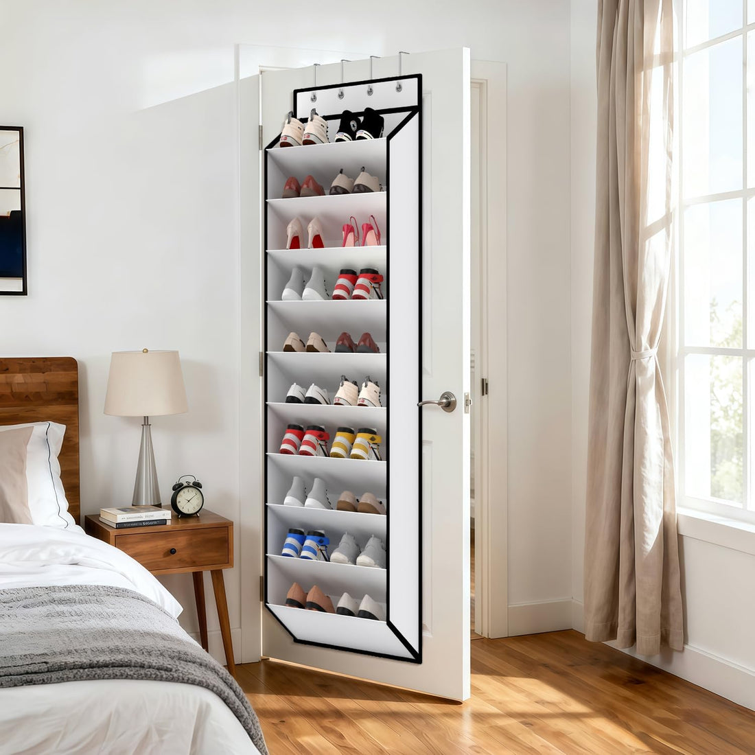White fabric 10-tier over-door shoe organizer shown loaded with shoes on door and empty on white background side by side