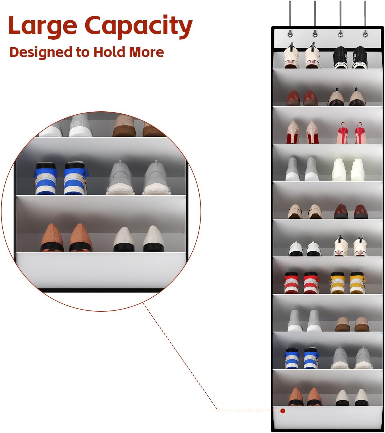 Over-door shoe organizer fully loaded with shoes and zoom callout on shelf detail large capacity infographic