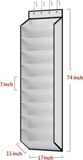 Over-door shoe organizer dimensions diagram showing 74 inch height 17 inch width 11 inch depth and 7 inch shelf spacing
