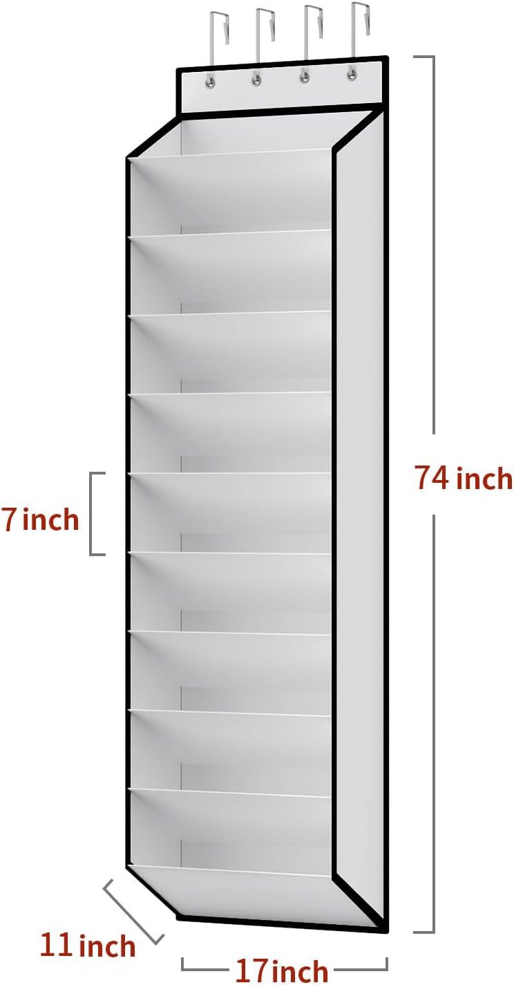 Over-door shoe organizer dimensions diagram showing 74 inch height 17 inch width 11 inch depth and 7 inch shelf spacing
