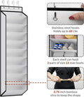 Over-door organizer feature infographic showing steel hooks 60 lbs capacity bamboo shelf insert and boot storage