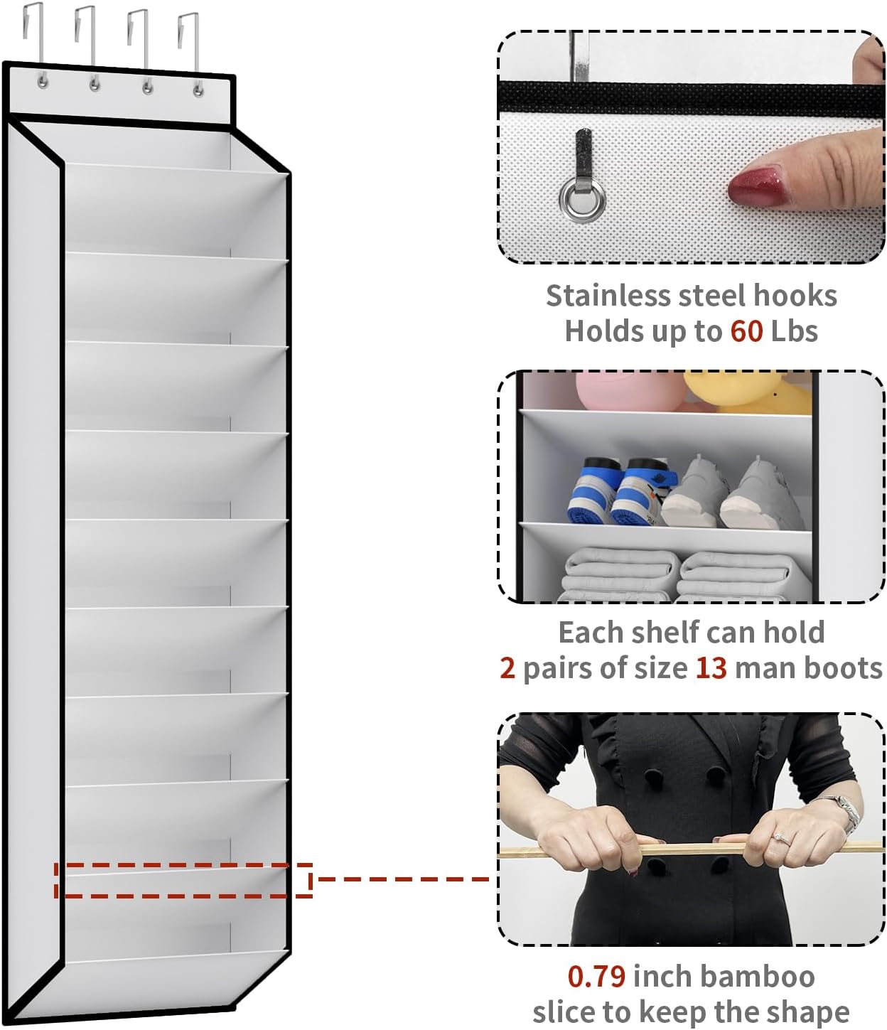 Over-door organizer feature infographic showing steel hooks 60 lbs capacity bamboo shelf insert and boot storage