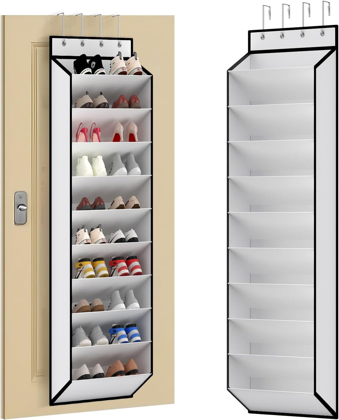 White fabric 10-tier over-door shoe organizer shown loaded with shoes on door and empty on white background side by side