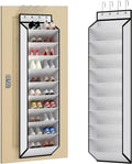 White fabric 10-tier over-door shoe organizer shown loaded with shoes on door and empty on white background side by side