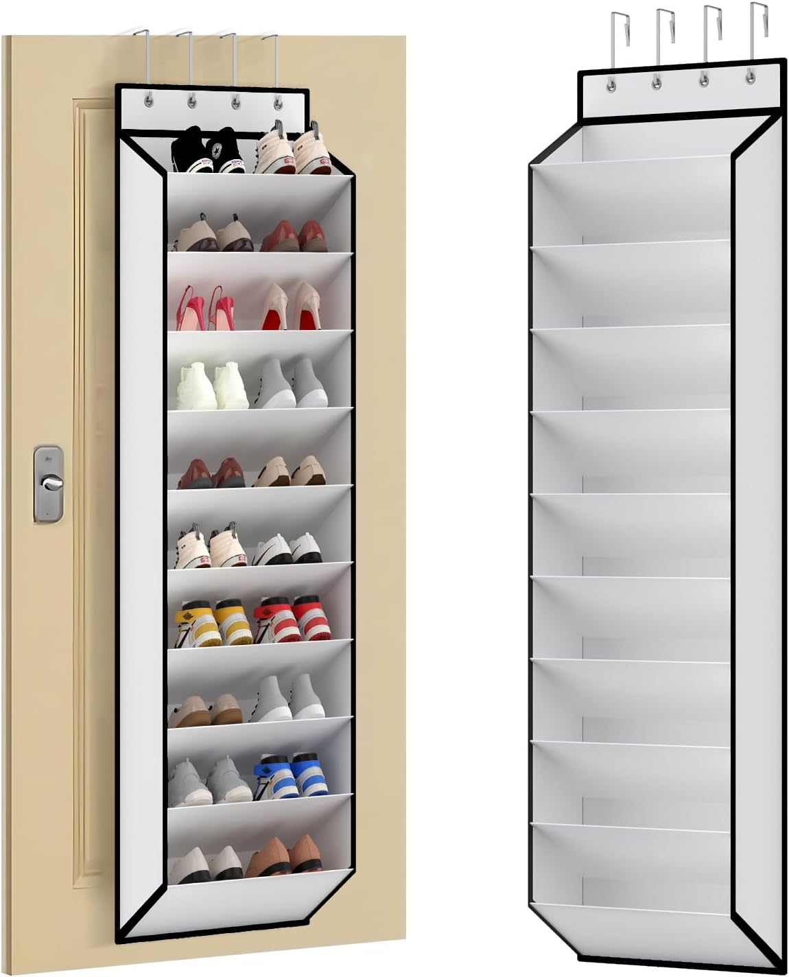 White fabric 10-tier over-door shoe organizer shown loaded with shoes on door and empty on white background side by side